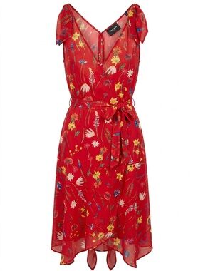 Kooples Red Floral V-Neck Tie-Waist Dress